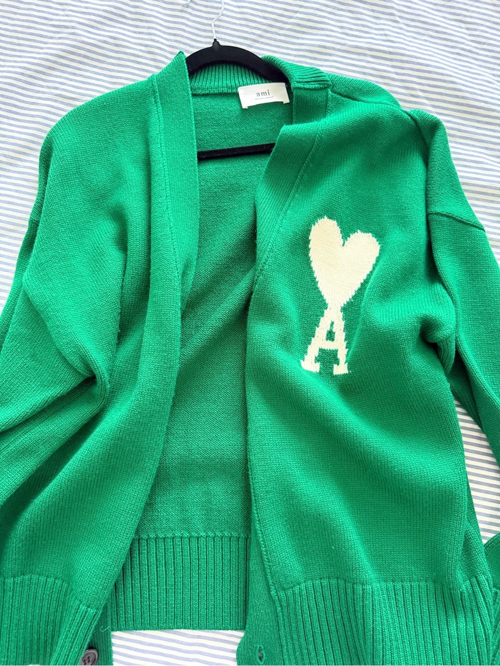 Ami Kids Green Cardigan with Cream Heart 'A' Logo